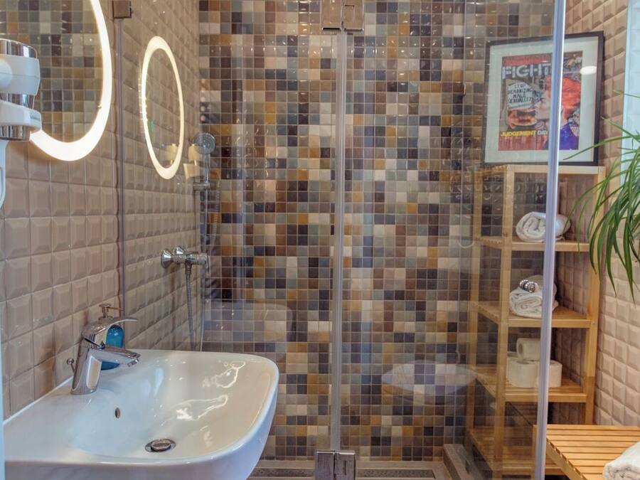 Ducha, cabezal de ducha tipo lluvia, secador de pelo, toallas