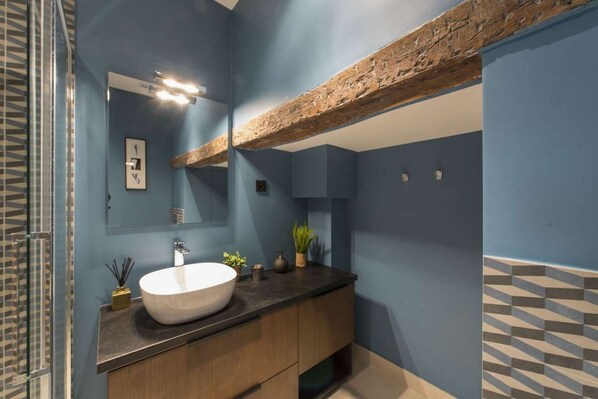 Shower, hair dryer, towels