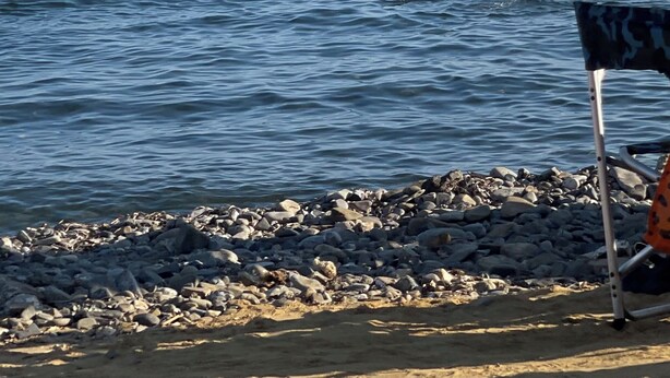 A beach with a rocky shoreline, a green umbrella, and boats in the water.