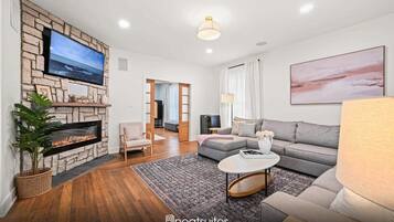 Télévision, cheminée, lecteur de DVD, chaßne hi-fi