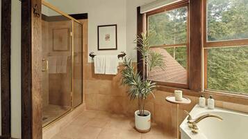 Shower, hair dryer, towels, shampoo