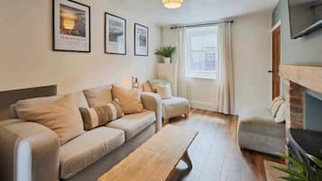 TV, fireplace, books, offices