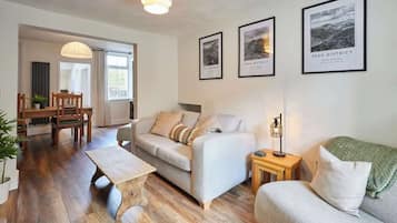 TV, fireplace, books, offices