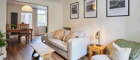 TV, lareira, livros, escritórios