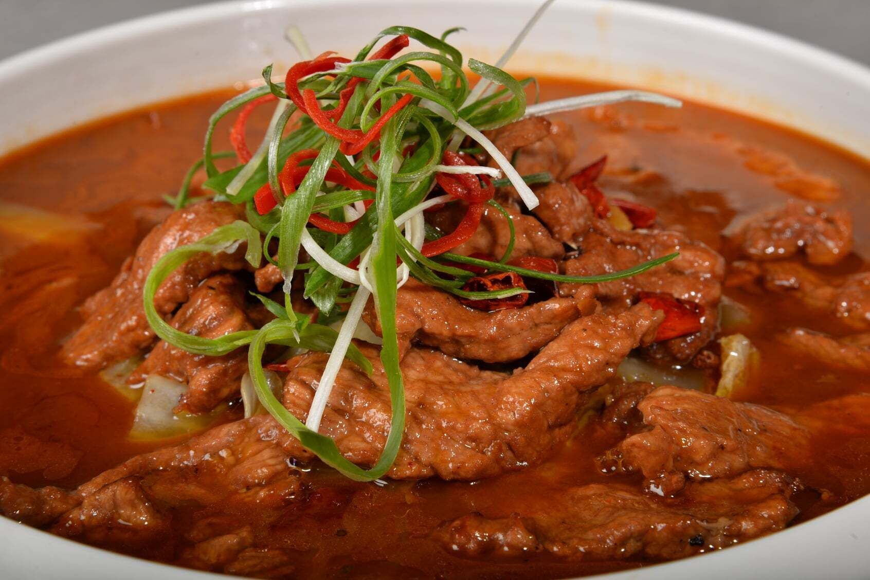A bowl of beef stew with vegetables.