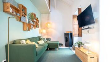 Un salon avec un canapé vert, des étagères en bois, un téléviseur à écran plat et une cheminée.