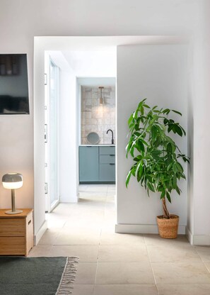 Un pasillo con una planta en maceta, una lámpara y vista hacia una cocina.