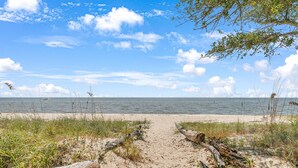 Een zandpad langs het strand dat uitkomt op de oceaan, met hier en daar drijfhout en gras.
