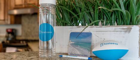 Une bouteille d’eau transparente avec un bouchon blanc et une étiquette bleue, un pot de fleurs blanc contenant des plantes vertes, et une carte postale représentant une scène de plage et le logo « hosteeva ».