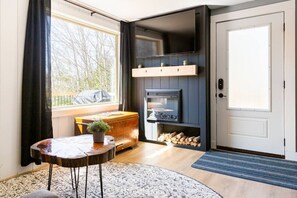 Smart TV, fireplace, books, stereo