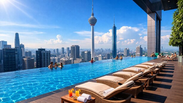 Una piscina infinita en la azotea con sillones de descanso, una mesa de madera con toallas y bebidas, y un horizonte urbano con una torre al fondo.