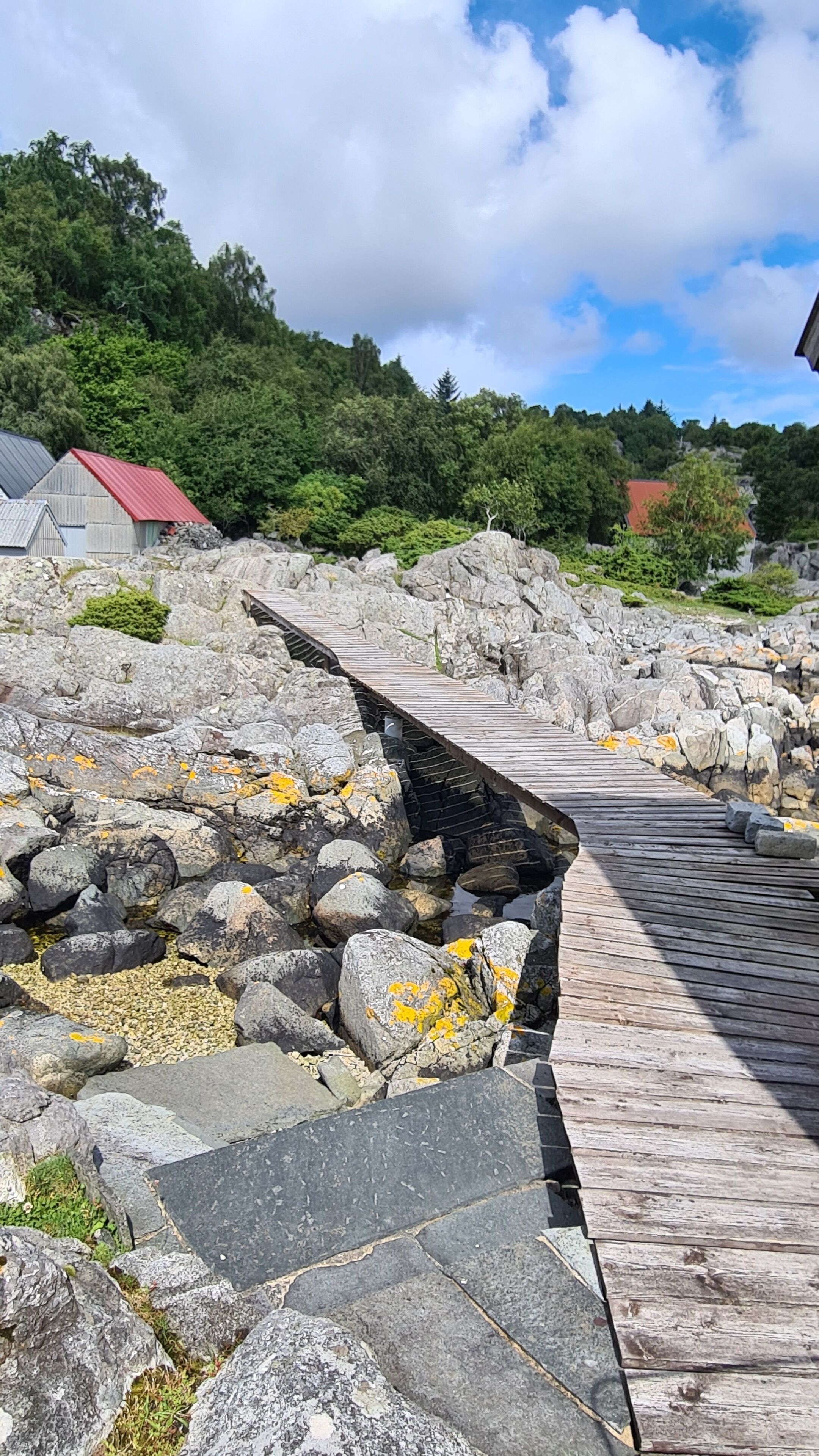 En träpromenad som leder över ett stenigt område, med en skogbeklädd sluttning i bakgrunden.