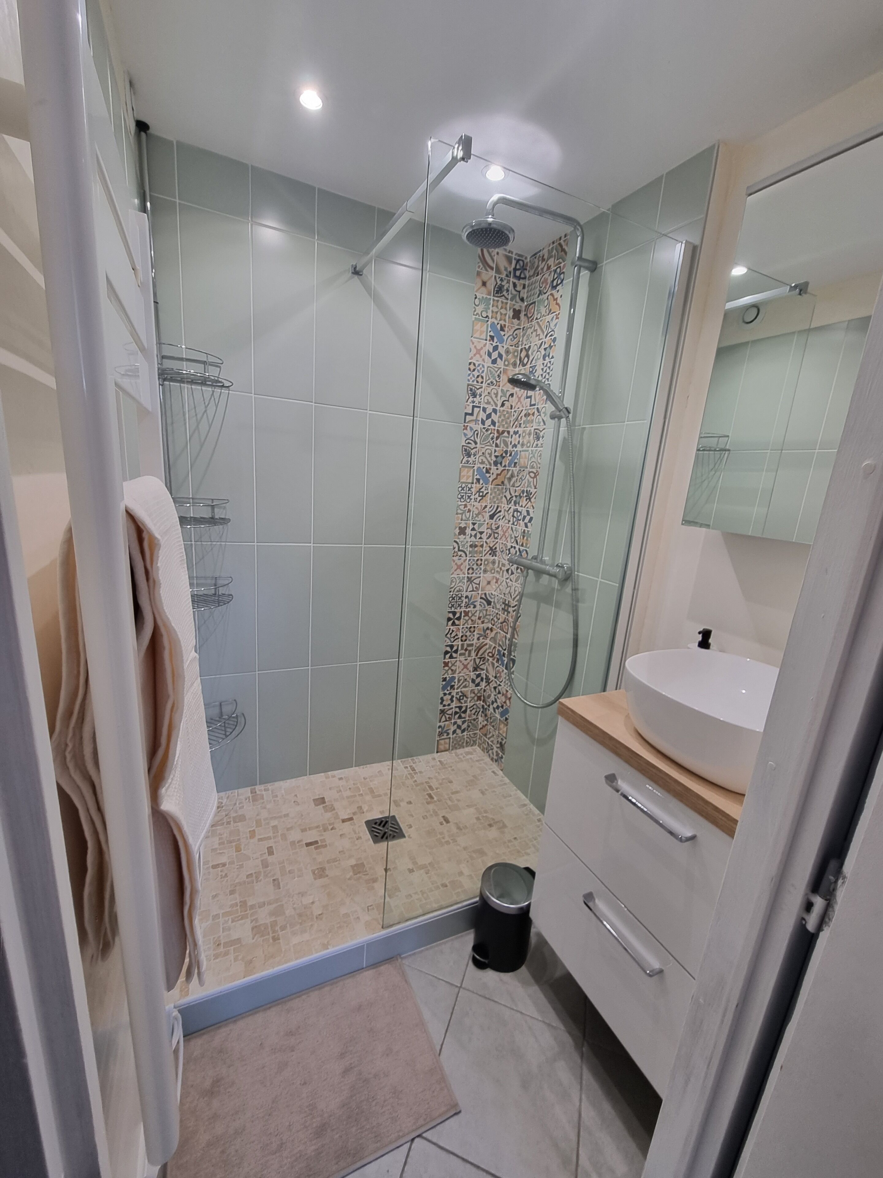Douche, séchoir à cheveux, savon, papier de toilette