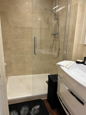 Hair dryer, towels, soap, toilet paper
