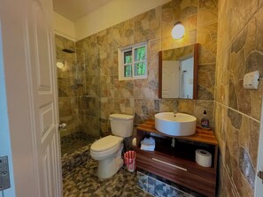 Hair dryer, towels, soap, shampoo