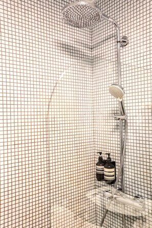 Hair dryer, towels, soap, shampoo