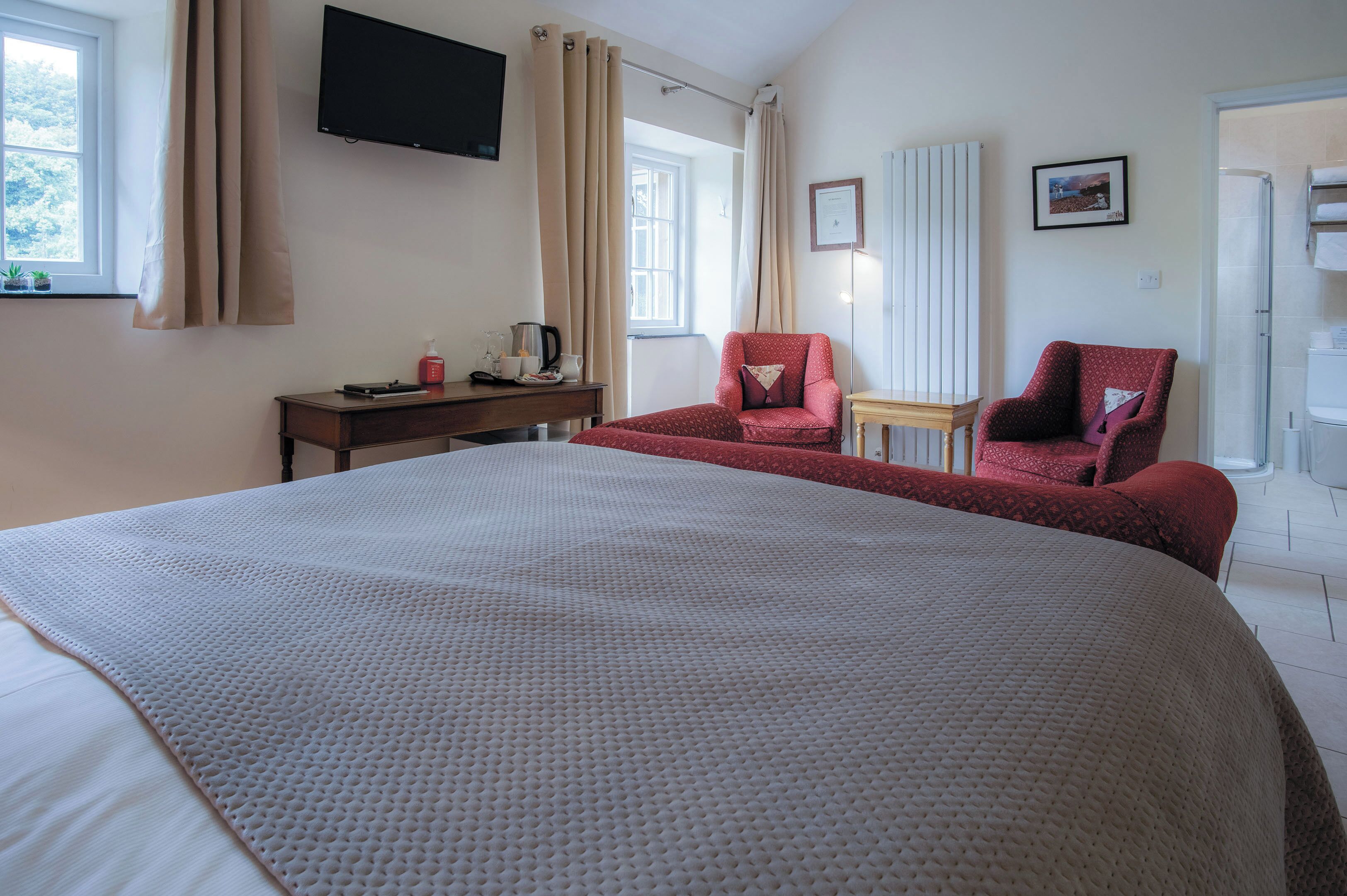 A hotel room with a large bed, two red armchairs, a small table, a desk with a coffee maker, a TV, and a window with curtains.
