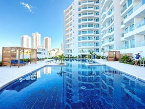 Outdoor pool, pool loungers