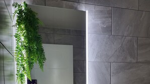 A bathroom with a white sink, a mirror, and a plant hanging above it. - Best Priced Apartment In Danum  19 (Doncaster)