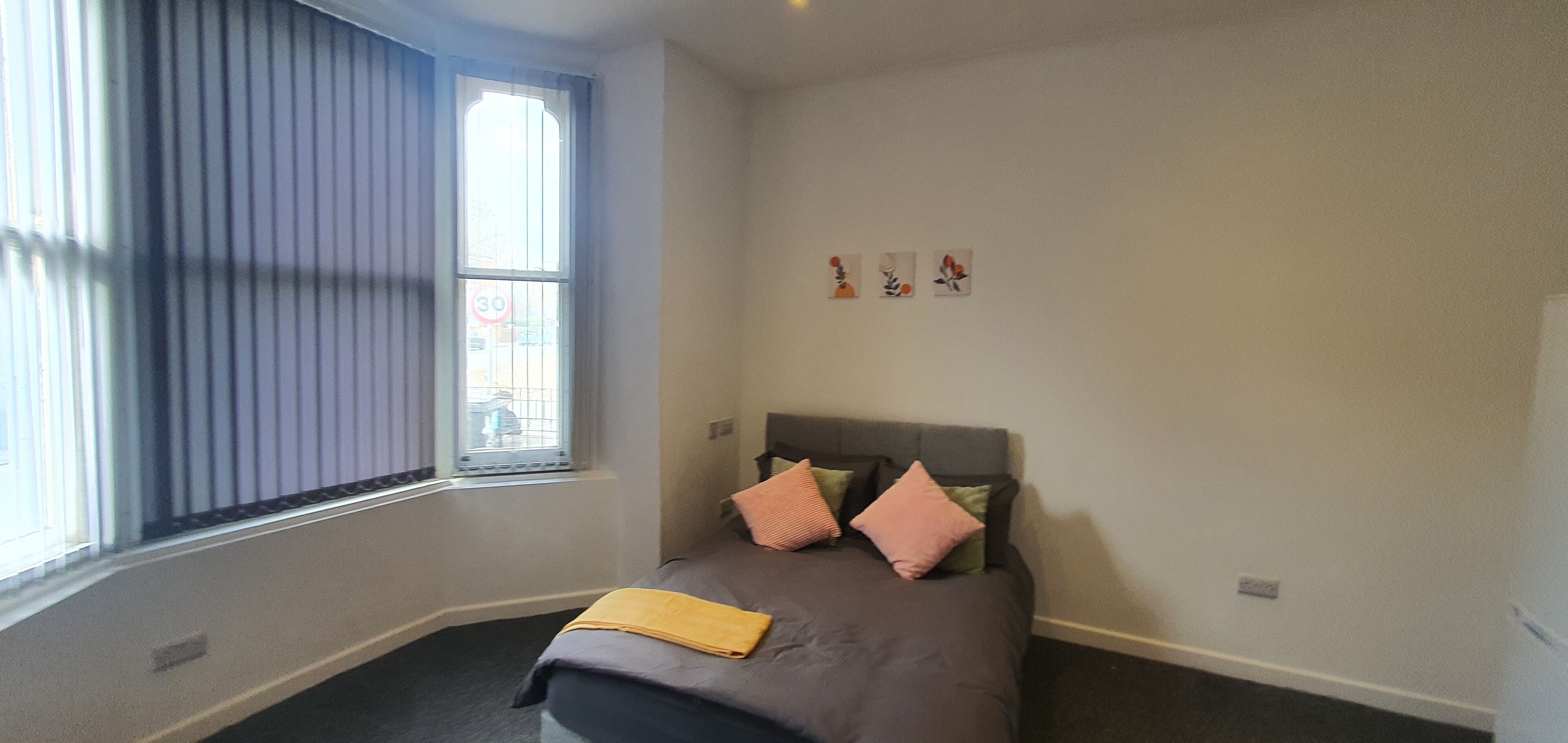 A bedroom with a bed, a window, and a wall-mounted artwork.