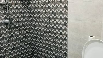 Hair dryer, towels, soap, shampoo