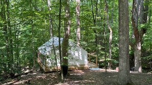 A cabin in a forest with a wooden deck and a small outdoor area.