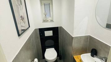 Secador de cabelo, toalhas de banho, sabonete, papel higiênico