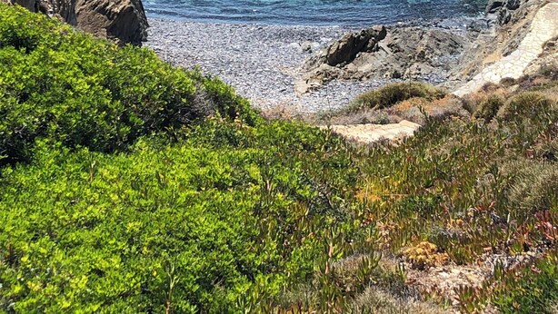 Un paysage côtier caractérisé par des falaises rocheuses et une mer d’un bleu limpide.