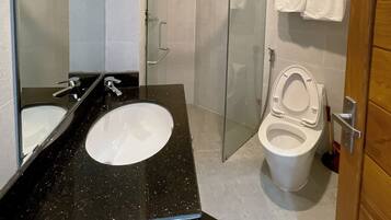 Une salle de bain avec un lavabo à vasque et un plan de toilette noir, des toilettes blanches, une douche en verre et une porte en bois.