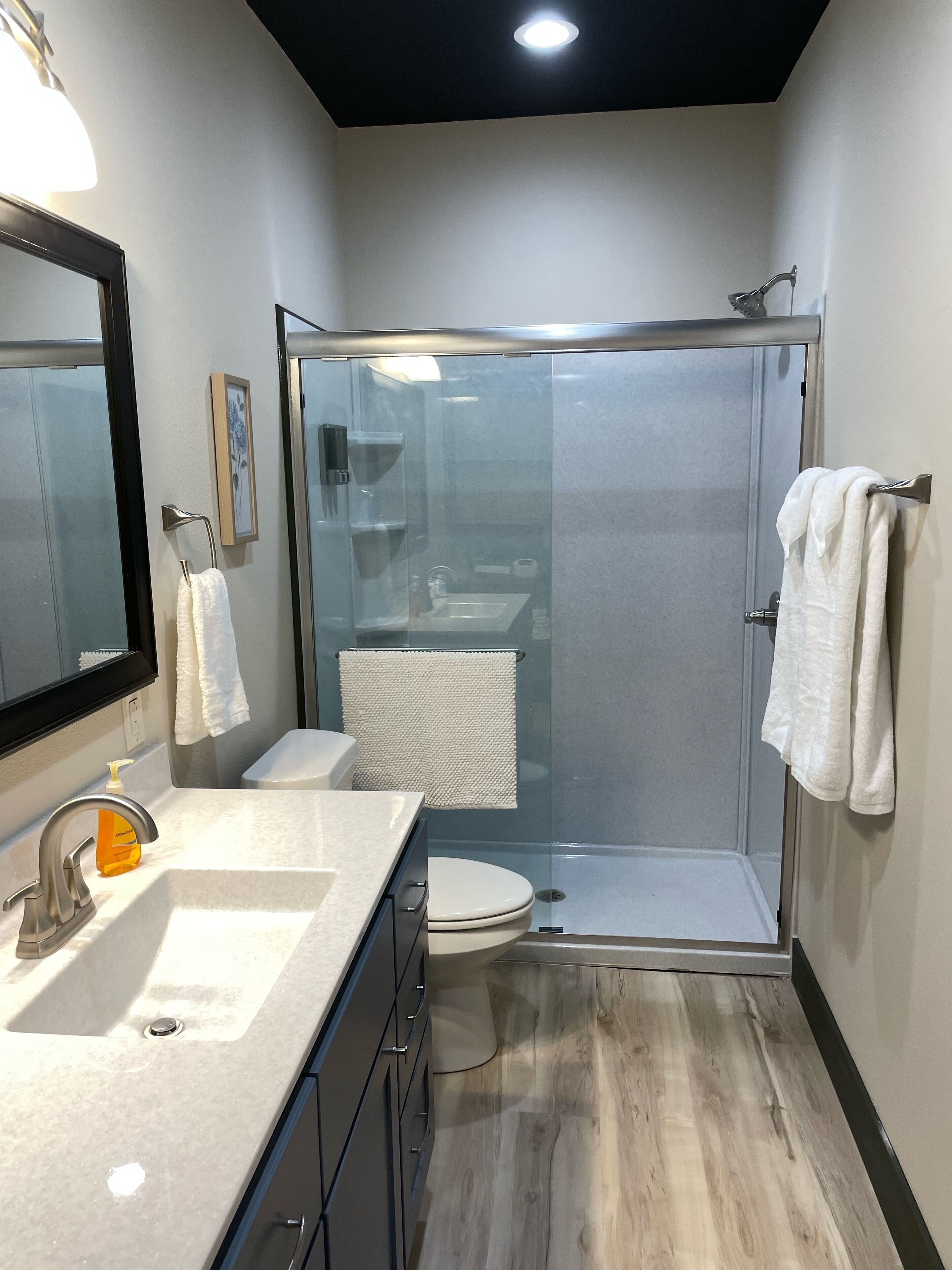 Un bagno moderno con doccia vetrata, lavandino bianco con dispenser di sapone e WC.