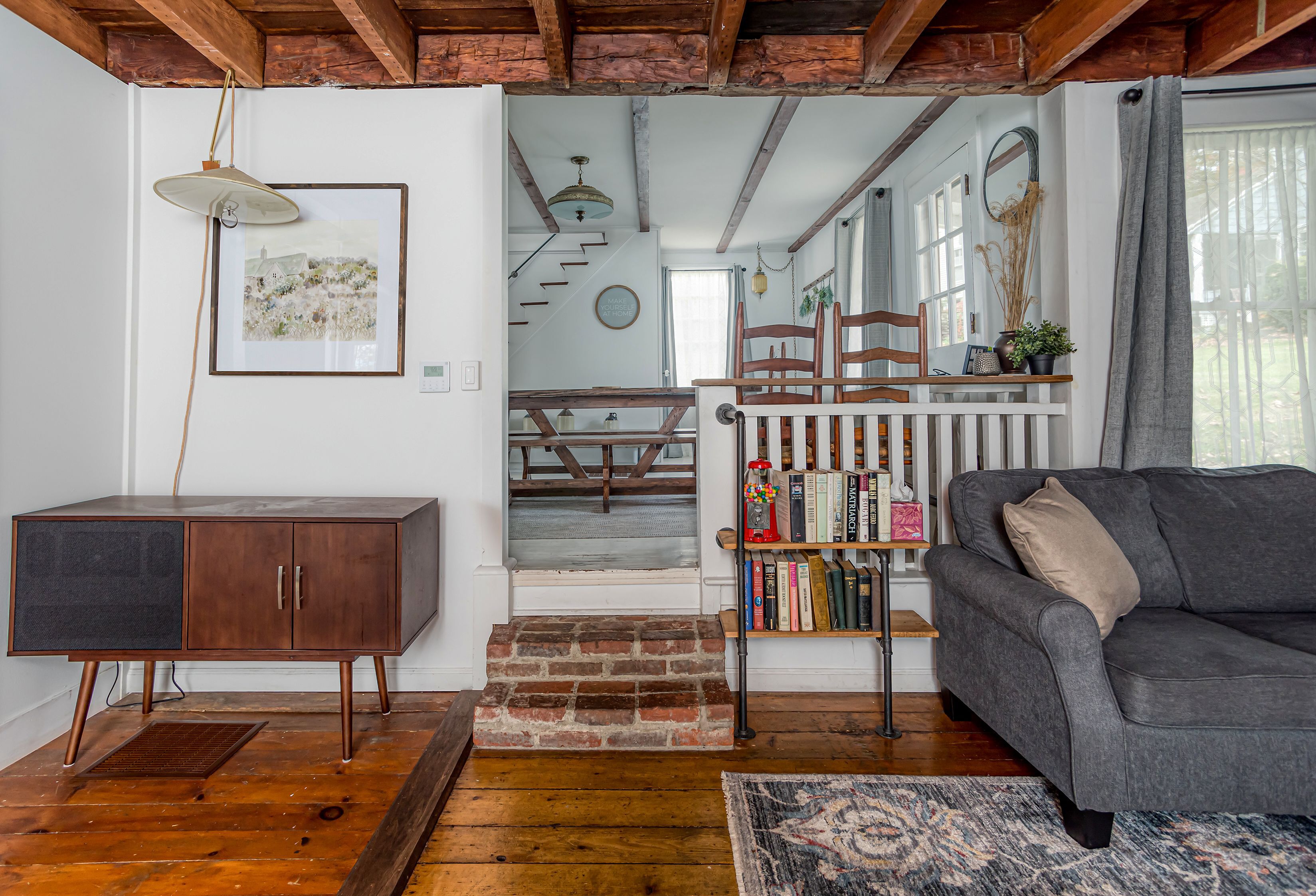 Smart TV, fireplace, books