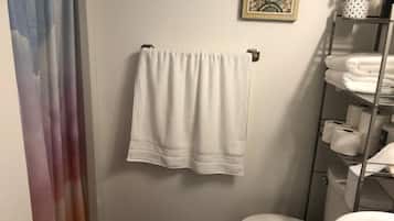 Hair dryer, towels, soap, shampoo