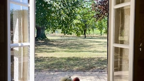 A view through an open window with a bowl of fruit on the windowsill.