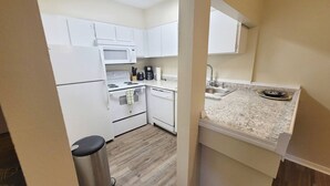 A compact kitchen with white cabinets, a stainless steel trash bin, and a granite countertop. - Large 1 BR Condo - Next to Oaks Mall and Hospital (Gainesville)