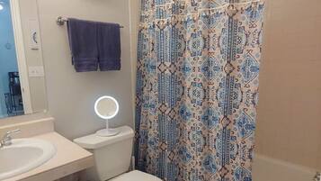 A bathroom with a toilet, a sink, a mirror with lights, a shower curtain, and a towel rack.