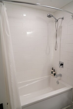 Hair dryer, towels, soap