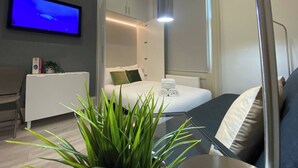 Una camera d'albergo moderna con un letto, una scrivania, una TV e una pianta in vaso.