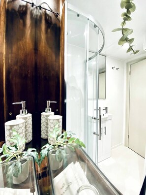 Shower, hair dryer, towels, toilet paper