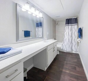 Hair dryer, towels, soap, toilet paper