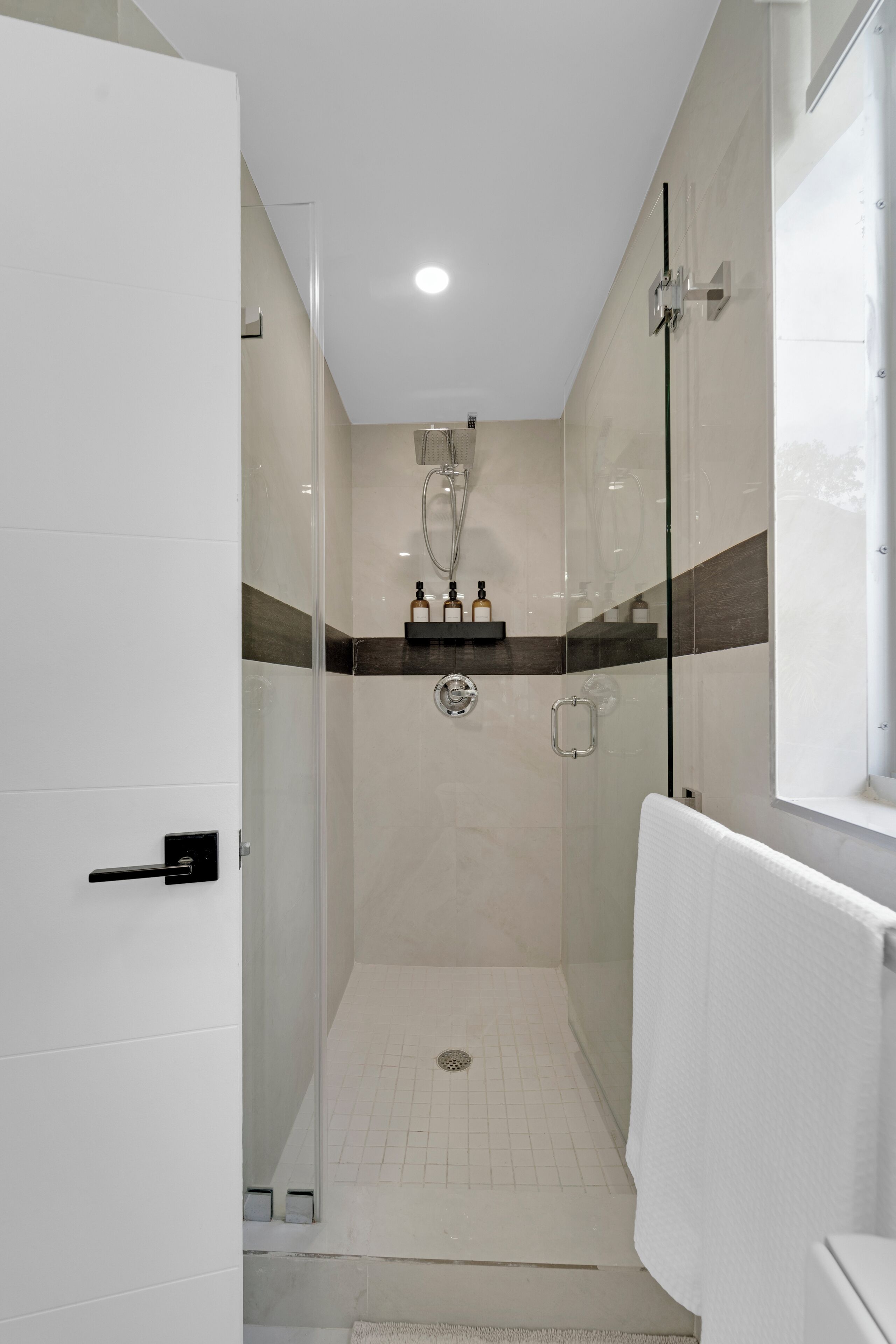 Hair dryer, towels, soap, shampoo