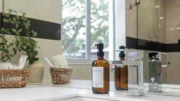 Hair dryer, towels, soap, shampoo