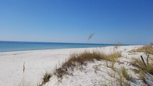 A beach with white sand and sparse vegetation.