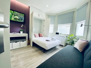 Un dormitorio moderno con cama, escritorio y sofá.