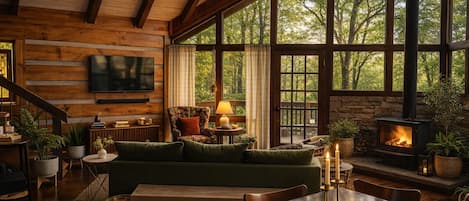 Smart TV, chimenea y libros