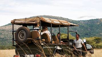 A safari vehicle with passengers, a license plate, and a hilly landscape in the background.