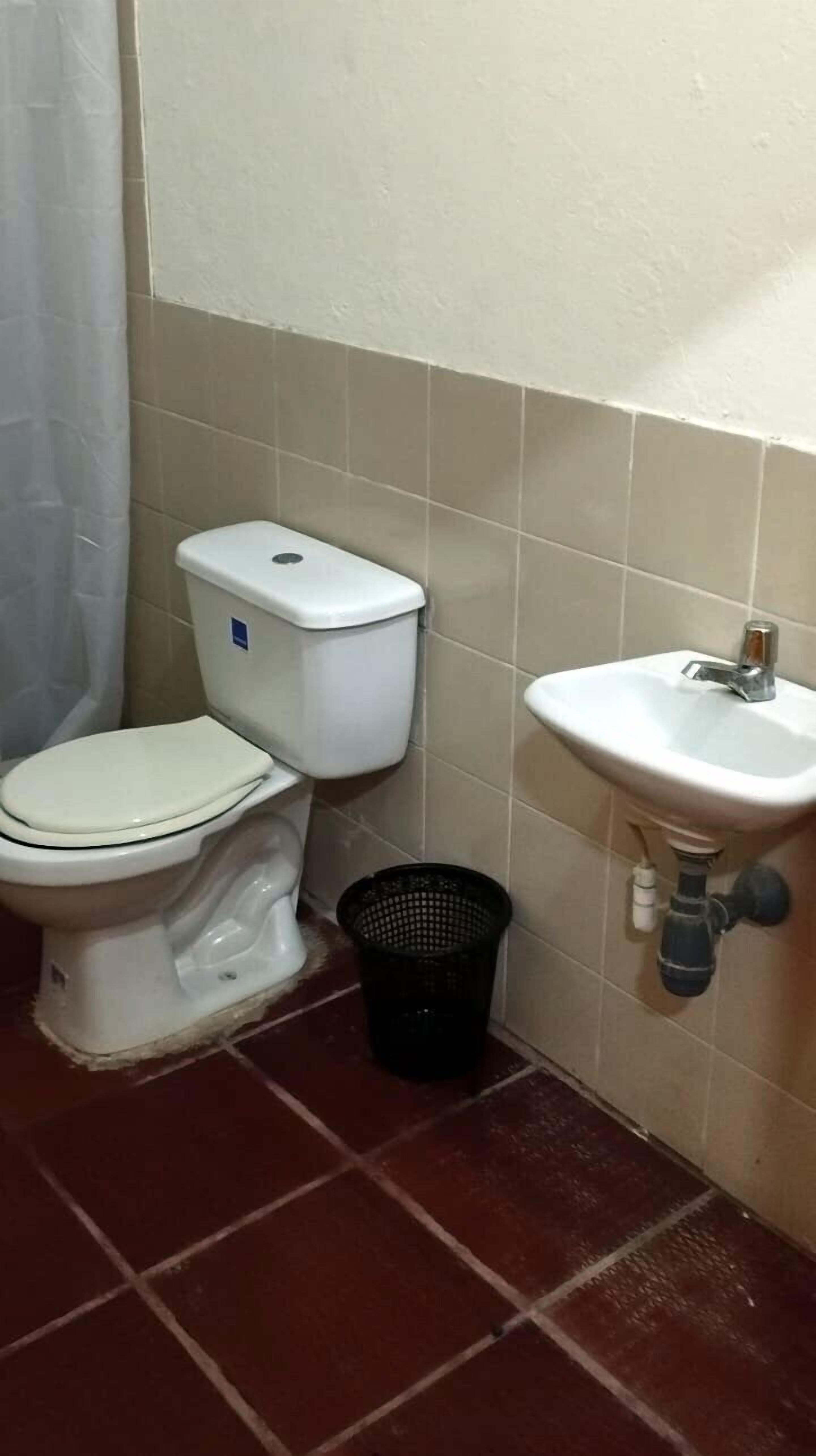 Een kleine badkamer met toilet, wastafel en een zwarte prullenbak.
