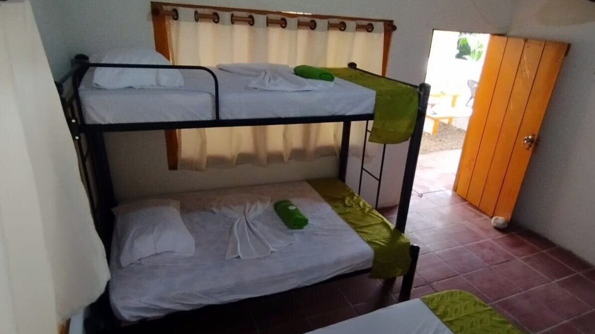A bunk bed room with two beds, a wooden door, and a window with curtains.
