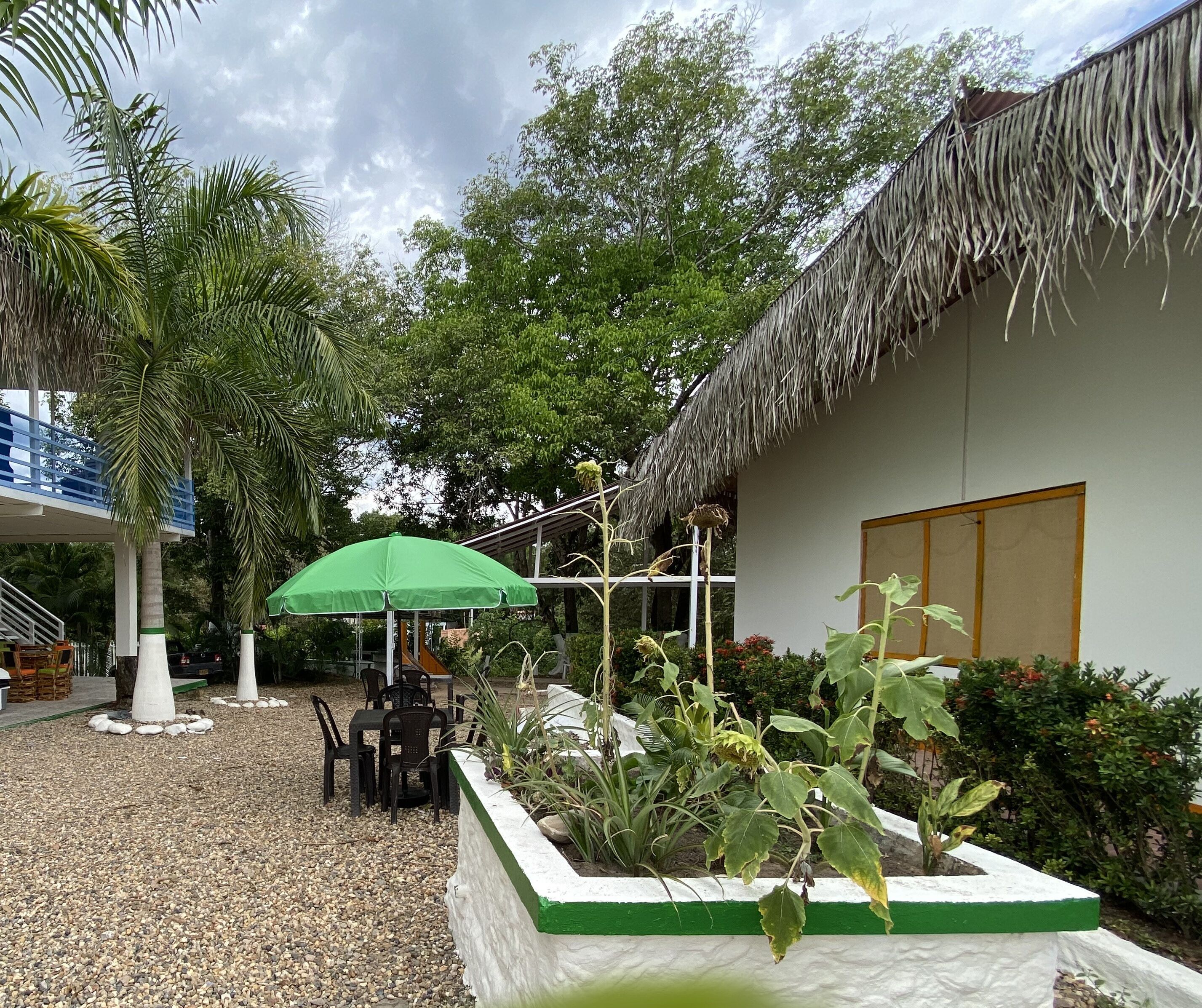 Un patio con un edificio de techo de paja, una sombrilla verde y mobiliario de exterior.