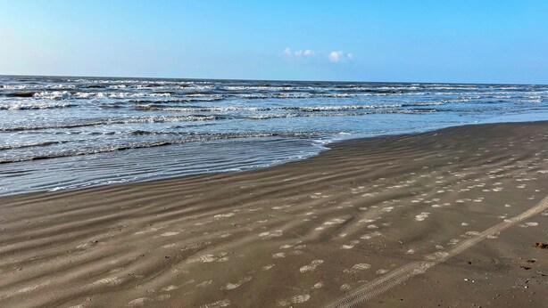 A beach with visible footprints and waves. - Enjoy all the history and charm of Galveston Island - a block from the beach! (Galveston)