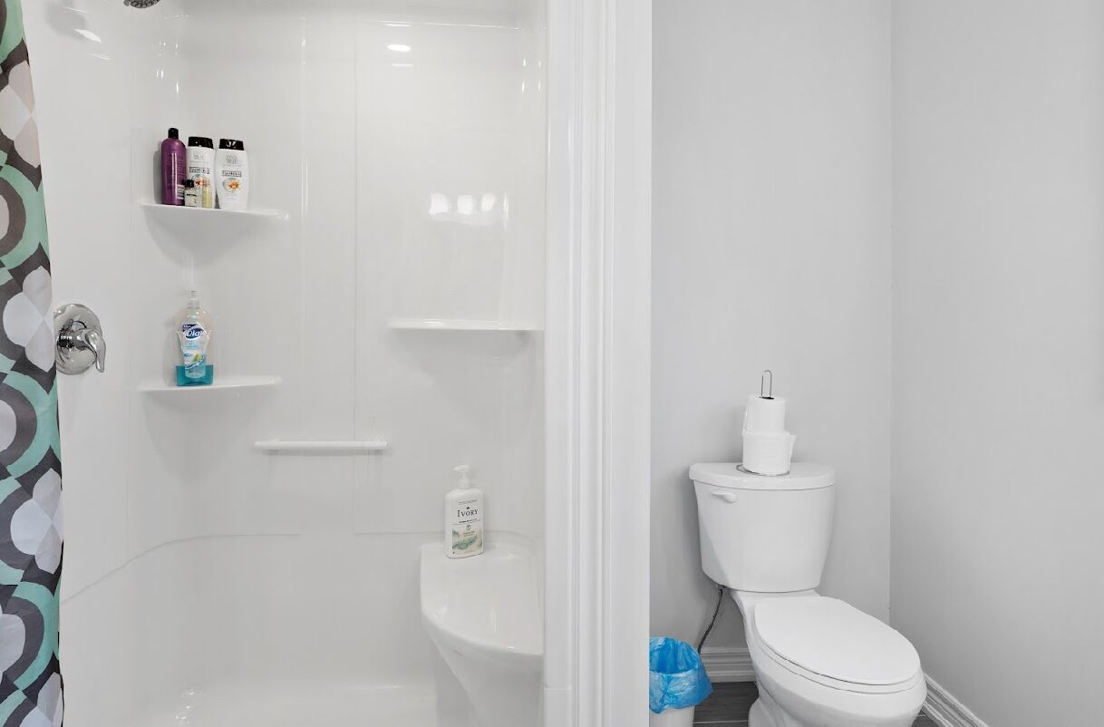 A bathroom with a toilet, a shower, and shelves with toiletries.